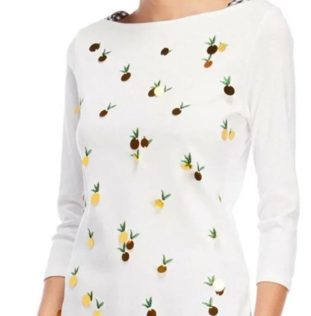 Rafaella White Gold Foil Pineapples Colorful 3/4 Sleeve Whimsical Top XS NWT